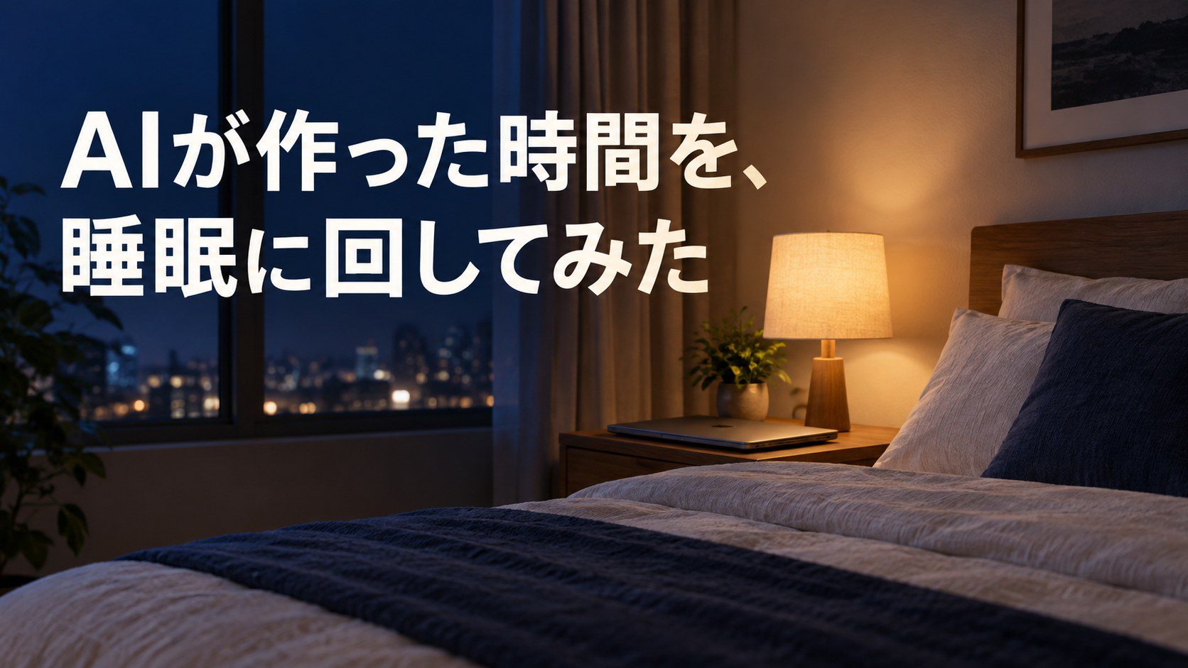 AIが作った時間を、睡眠に回してみた。静かな寝室に閉じたノートパソコンとベッド。