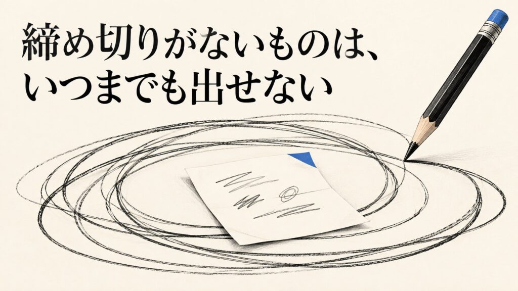 締め切りがないものは、いつまでも出せない。書きかけの紙のまわりを、鉛筆の線が何度も巡っている。